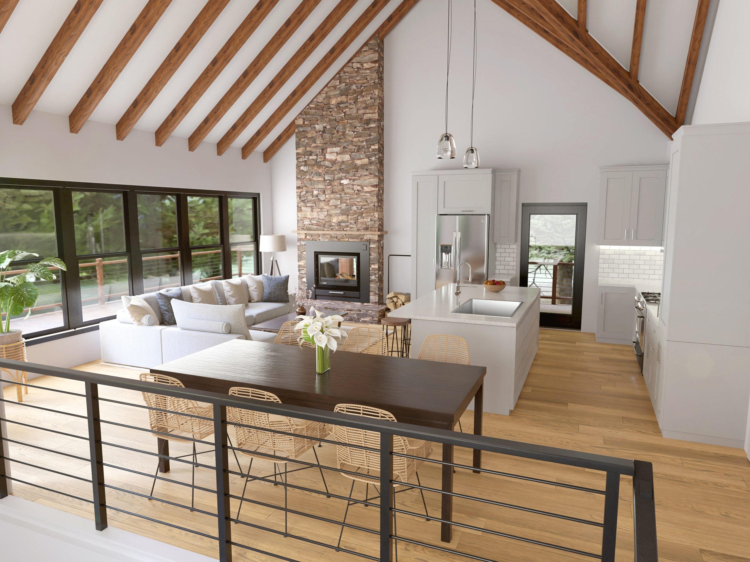 Contemporary cabin render with exposed timber rafters, a stone fireplace, and an open living area