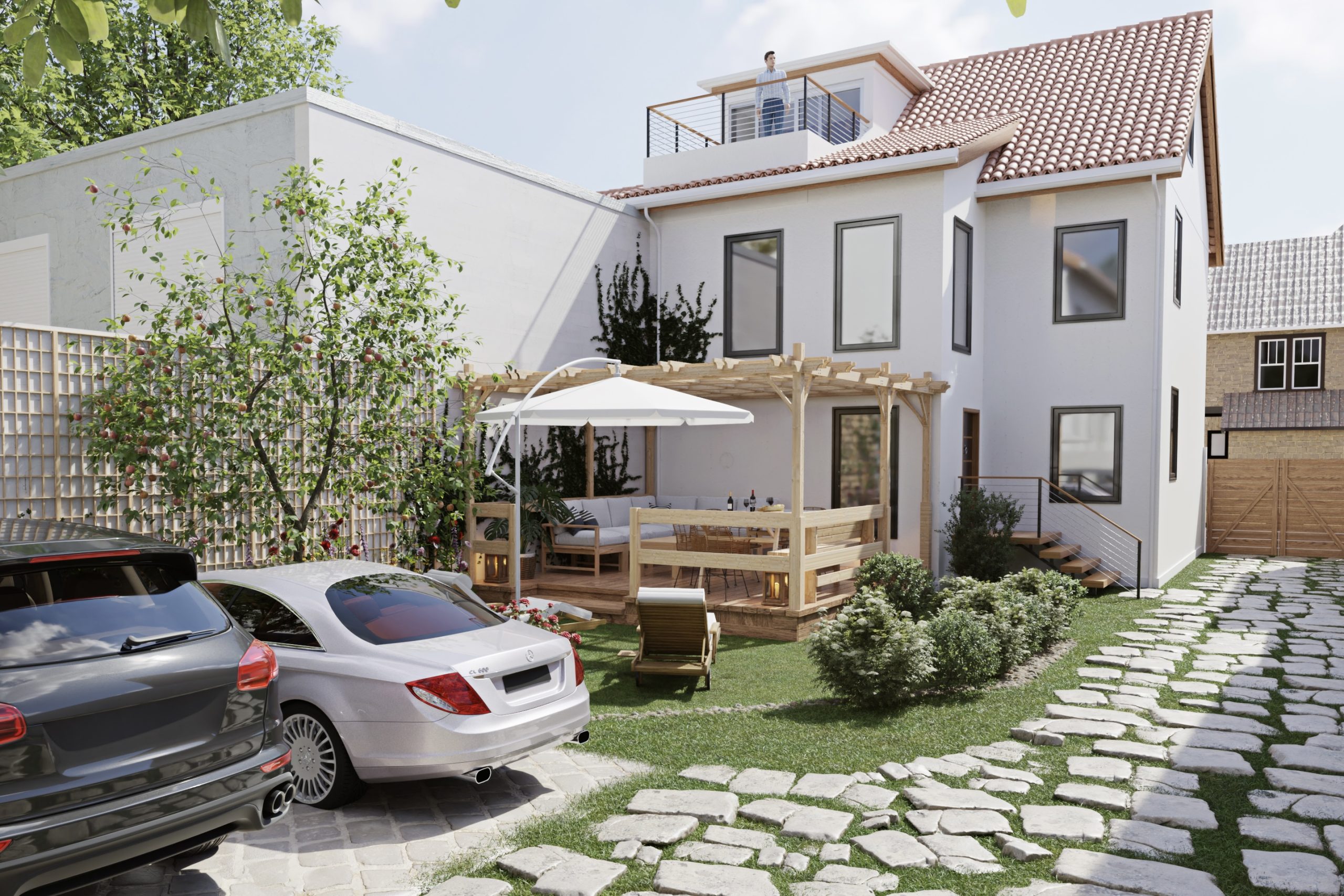 Exterior visualization of a home with a garden terrace and paved driveway