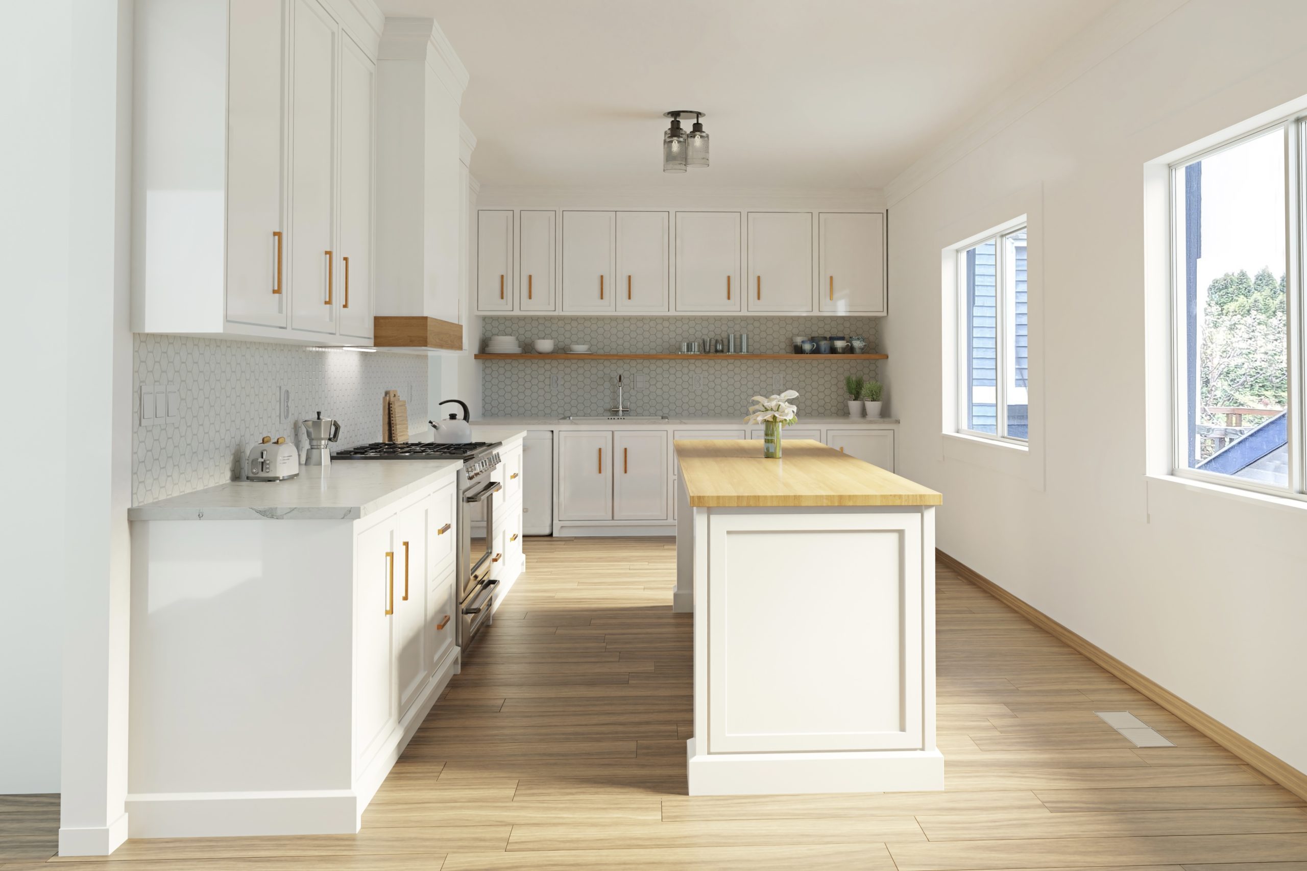 White kitchen with a central island, wood flooring, and brass details