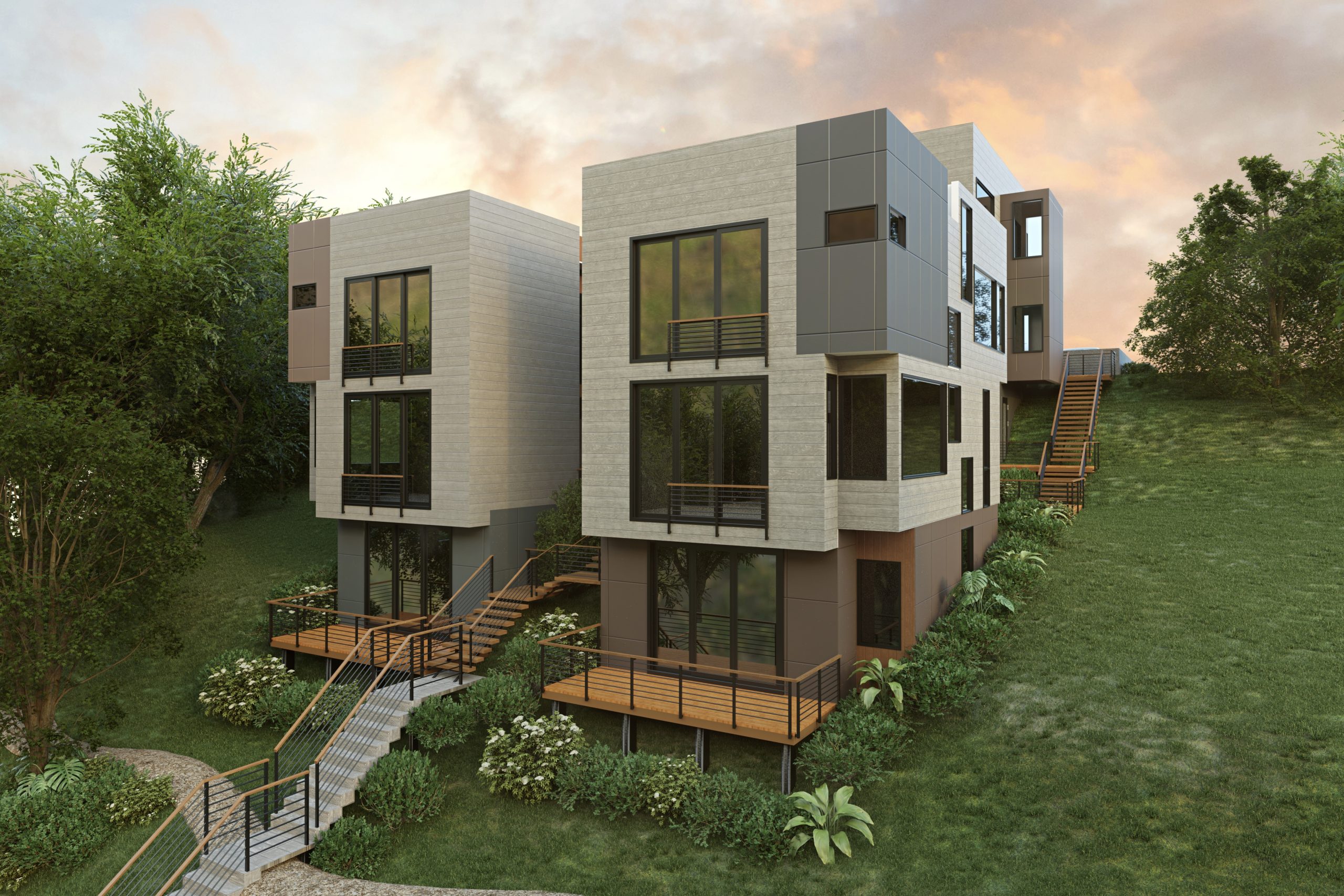 Modern residential exterior rendered in warm evening light