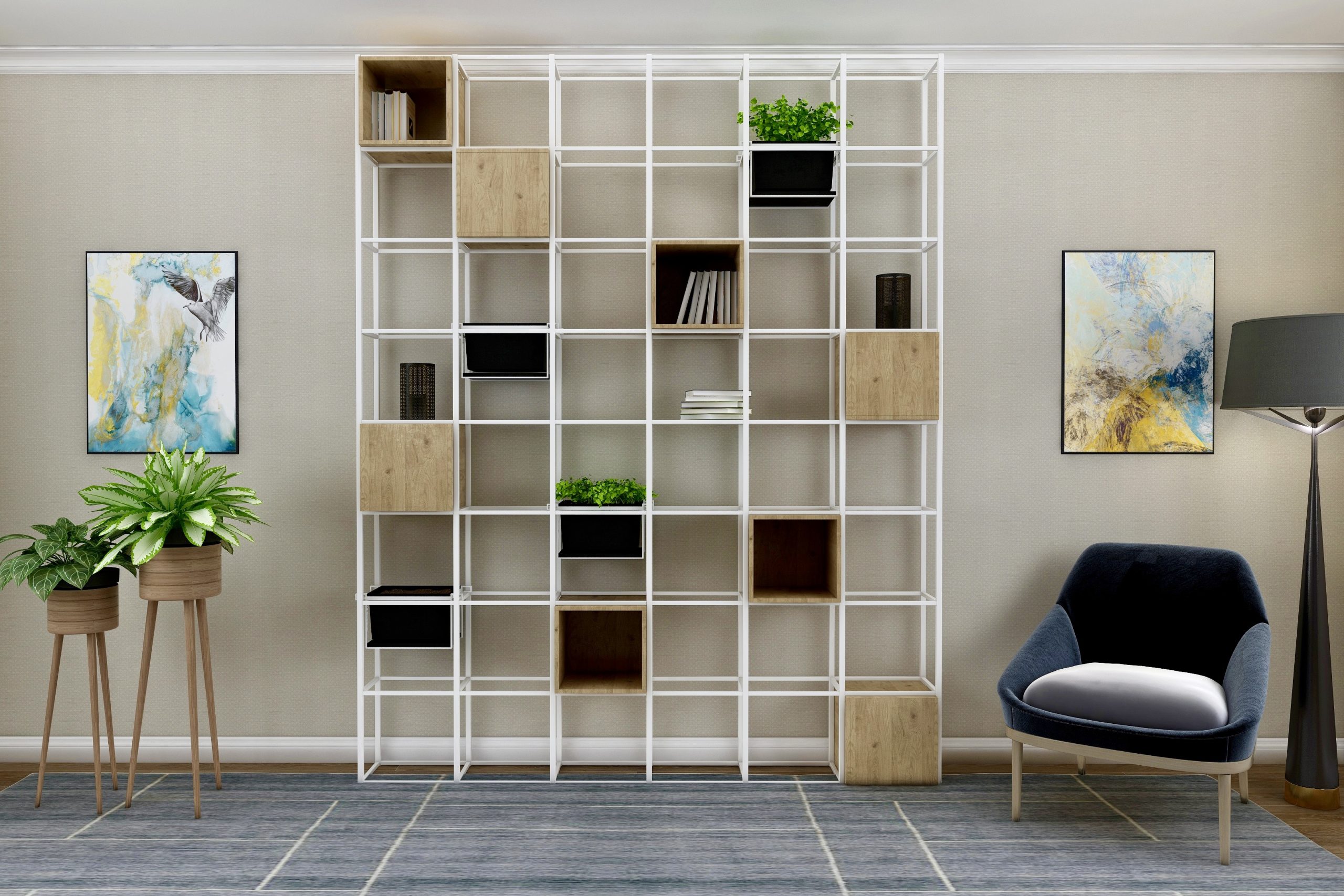 Interior visualization with a tall open bookcase and a reading chair