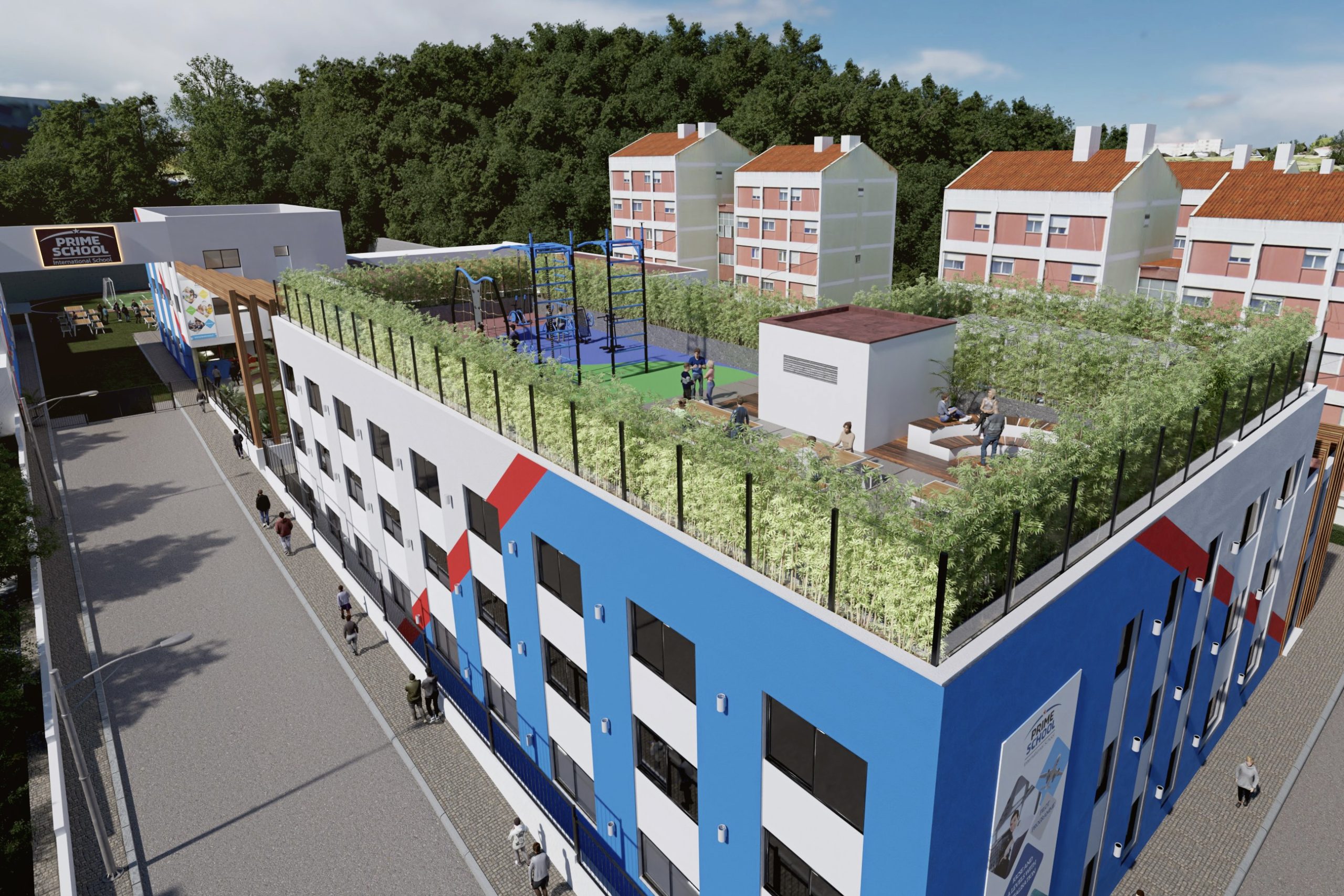 Lisbon school visualization showing the colorful exterior and rooftop recreation area