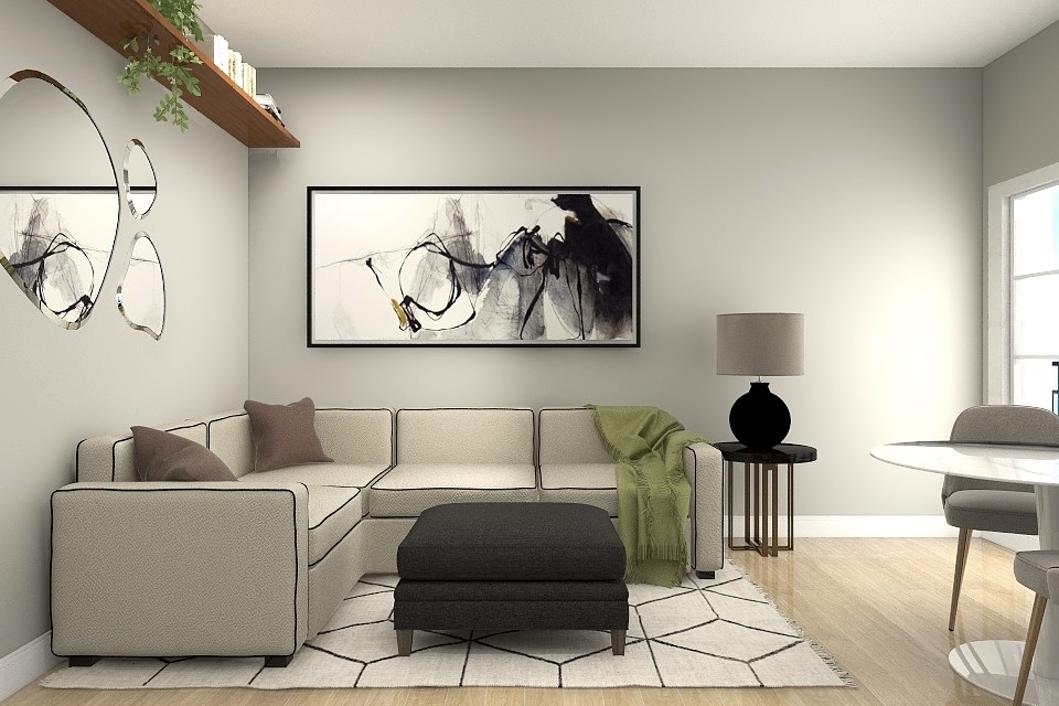 Neutral living room visualization with a sectional sofa and abstract artwork
