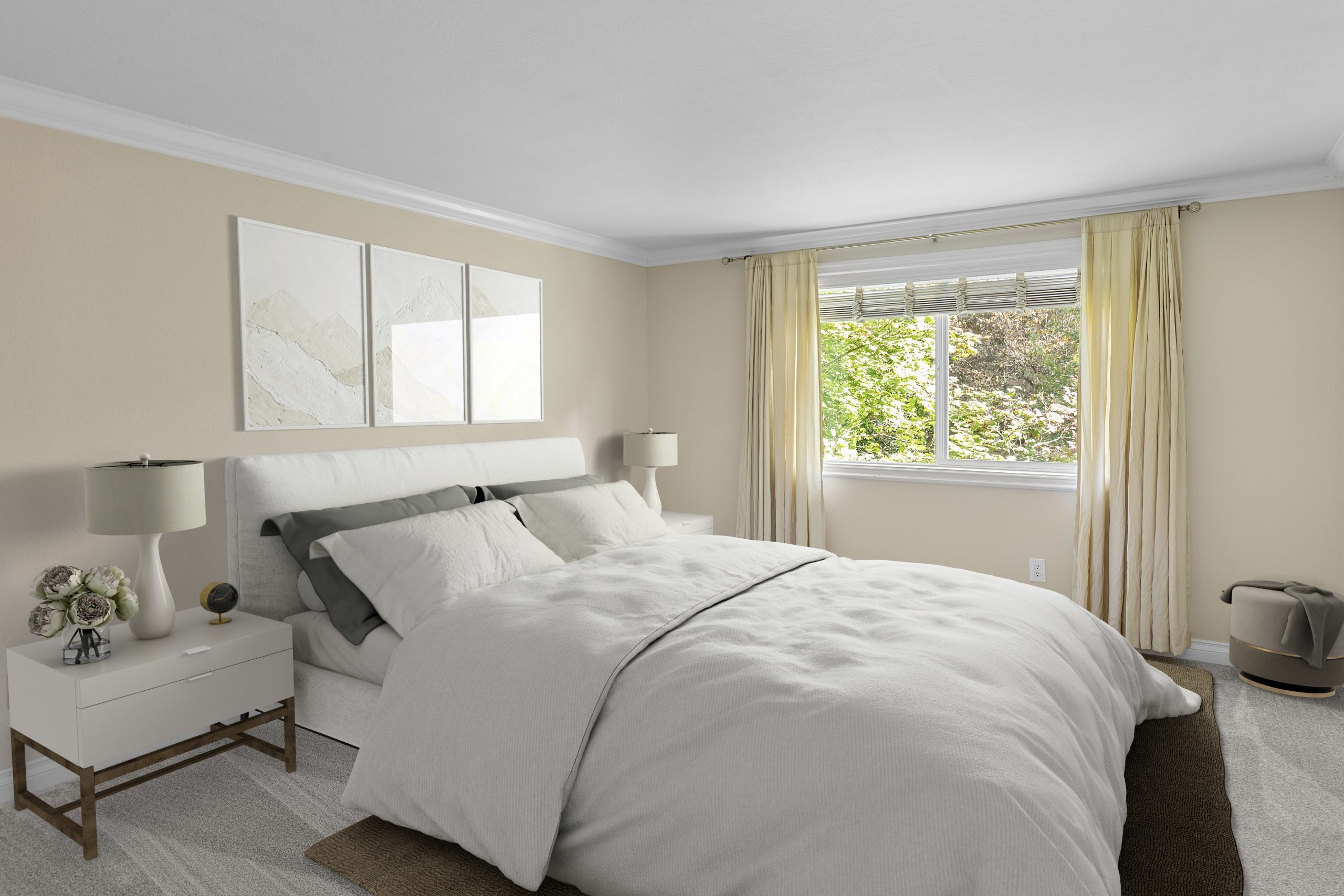 Bright bedroom with white bedding, neutral finishes, and a garden view