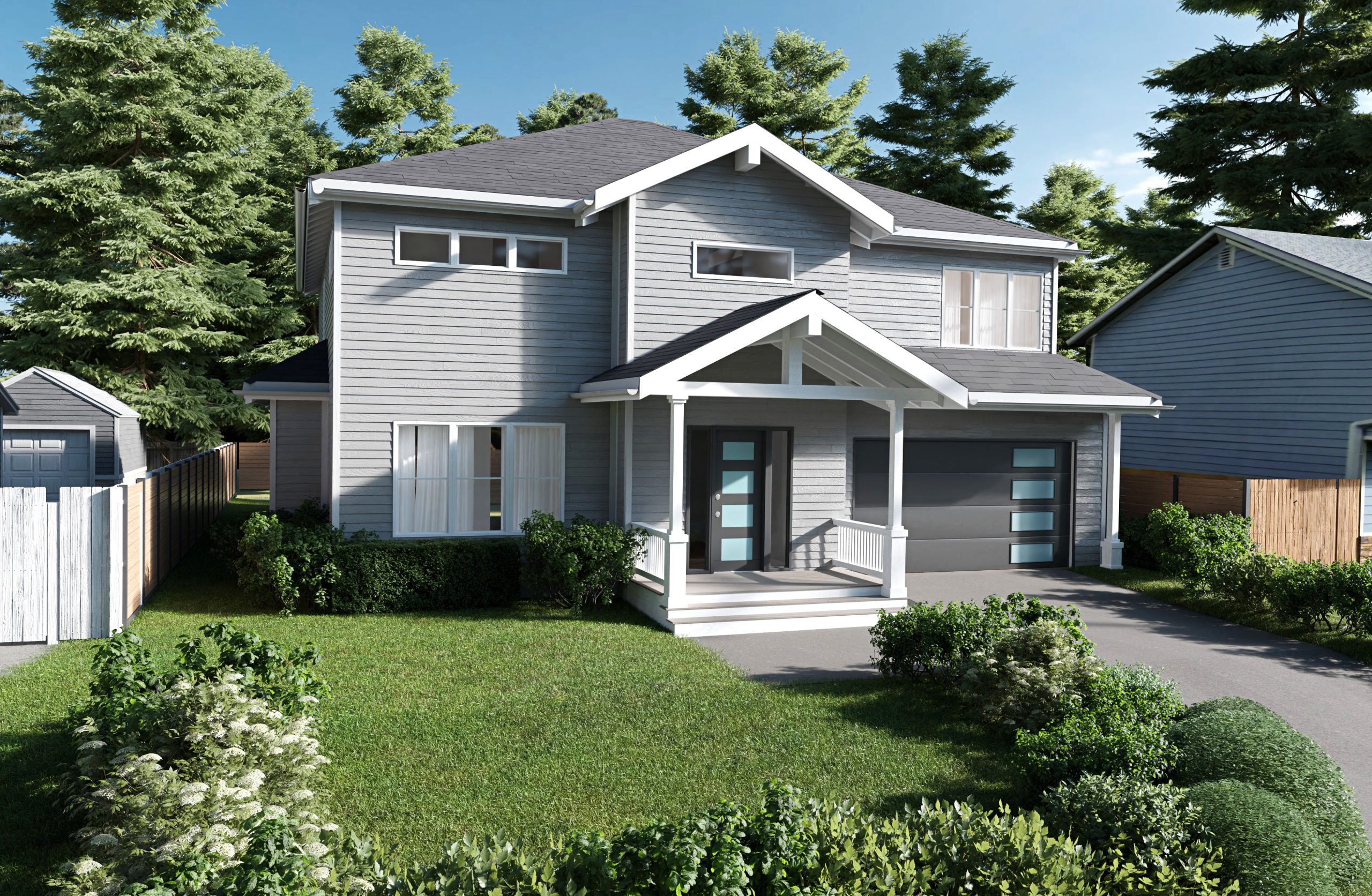 Exterior render of a new gray residential home integrated with its neighboring houses